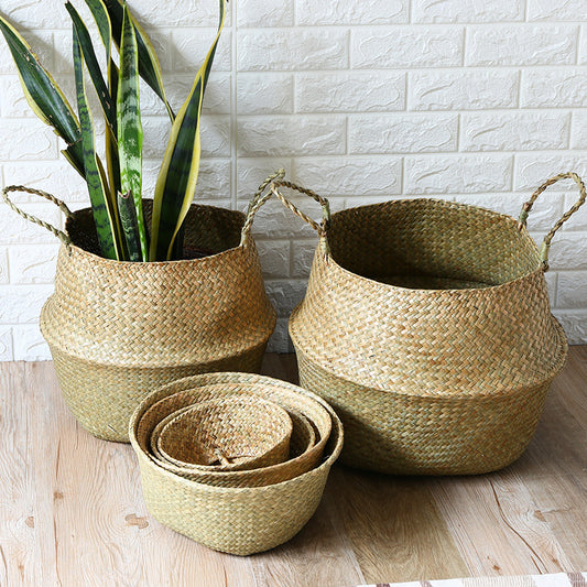Seagrass Belly Basket Planter — Foldable Woven Plant Pot & Storage Basket for Indoor Plants
