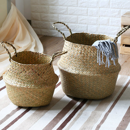 Seagrass Belly Basket Planter - Foldable Woven Plant Pot & Storage