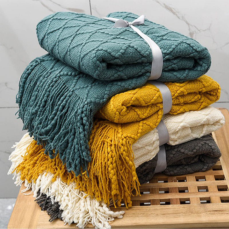 Diamond Knit Throw Blanket with Tassels — Boho Sofa & Bed Decor