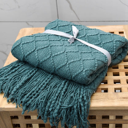 Diamond Knit Throw Blanket with Tassels — Boho Sofa & Bed Decor