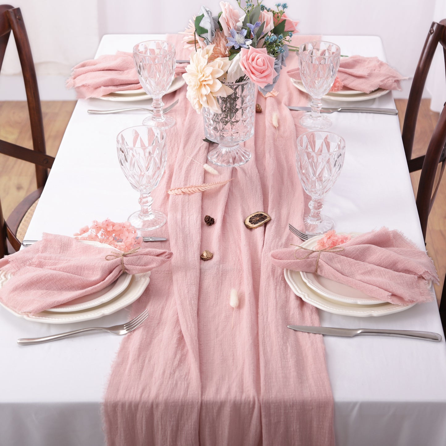 Retro Gauze Cotton Table Runner, Dusty Pink Cheesecloth