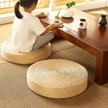 Handwoven Straw Round Floor Pouf — Tatami Meditation Cushion 40cm