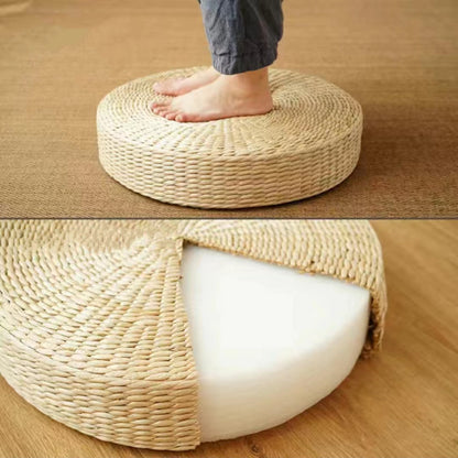 Handwoven Straw Round Floor Pouf — Tatami Meditation Cushion 40cm