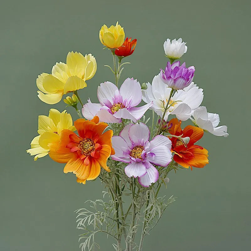 Artificial Cosmos Flower Stem — 4-Fork Faux Silk Wildflower