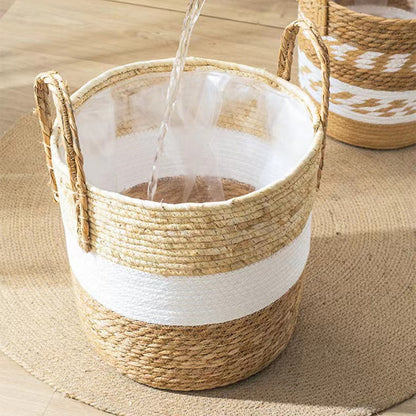 Woven Straw Planter Basket - Natural Plant Pot Cover with Handles