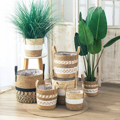 Woven Straw Planter Basket - Natural Plant Pot Cover with Handles