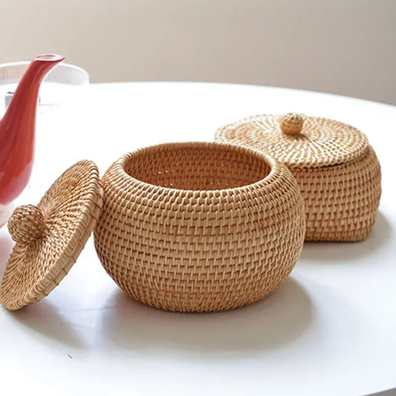 Hand-Woven Rattan Storage Box with Lid, Round Wicker Basket