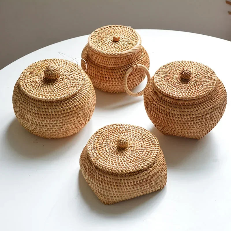 Hand-Woven Rattan Storage Box with Lid, Round Wicker Basket