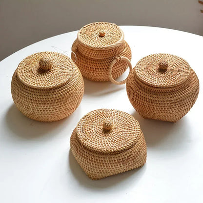 Hand-Woven Rattan Storage Box with Lid, Round Wicker Basket