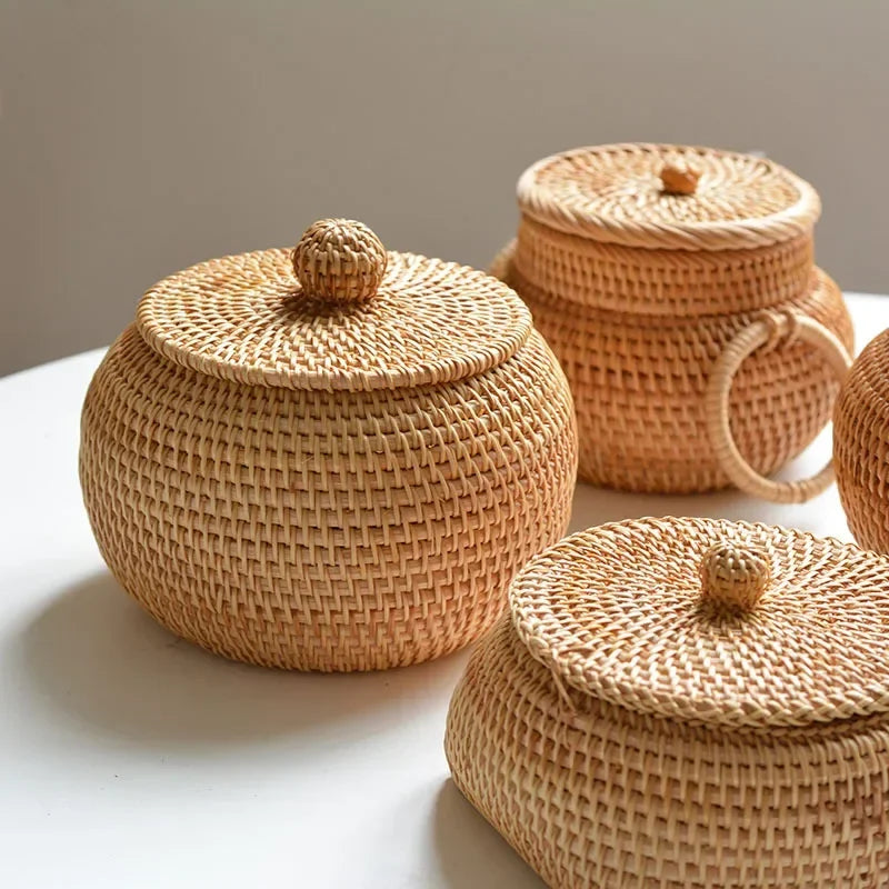 Hand-Woven Rattan Storage Box with Lid, Round Wicker Basket