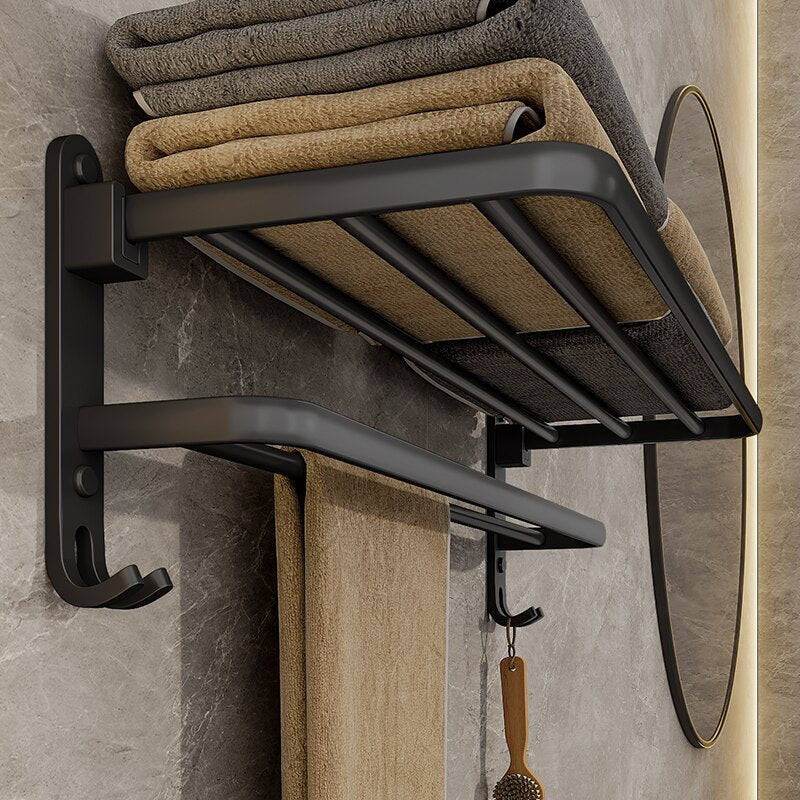 Folding Towel Rack Matte Black Wall-Mount Shelf with Hooks 50cm