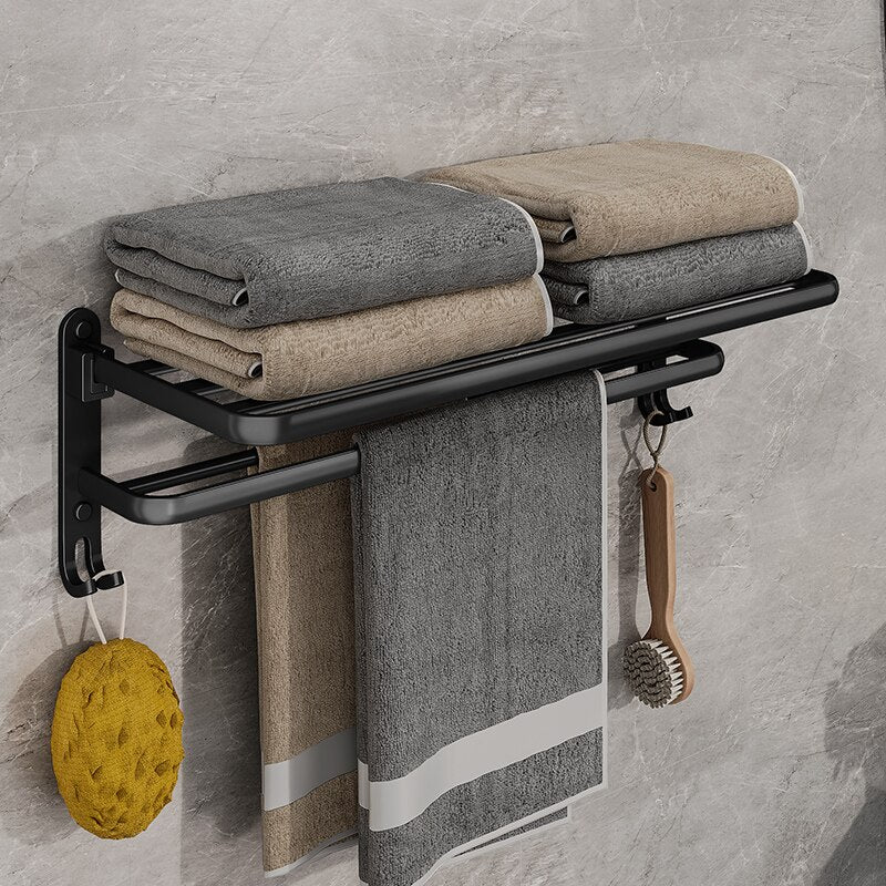 Folding Towel Rack Matte Black Wall-Mount Shelf with Hooks 50cm