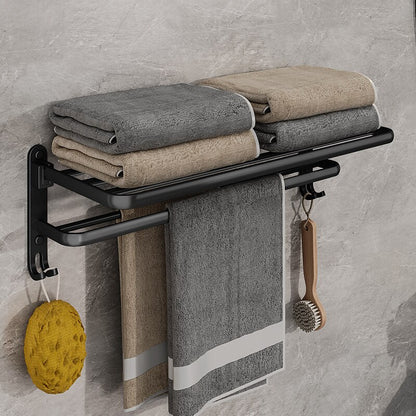 Folding Towel Rack Matte Black Wall-Mount Shelf with Hooks 50cm
