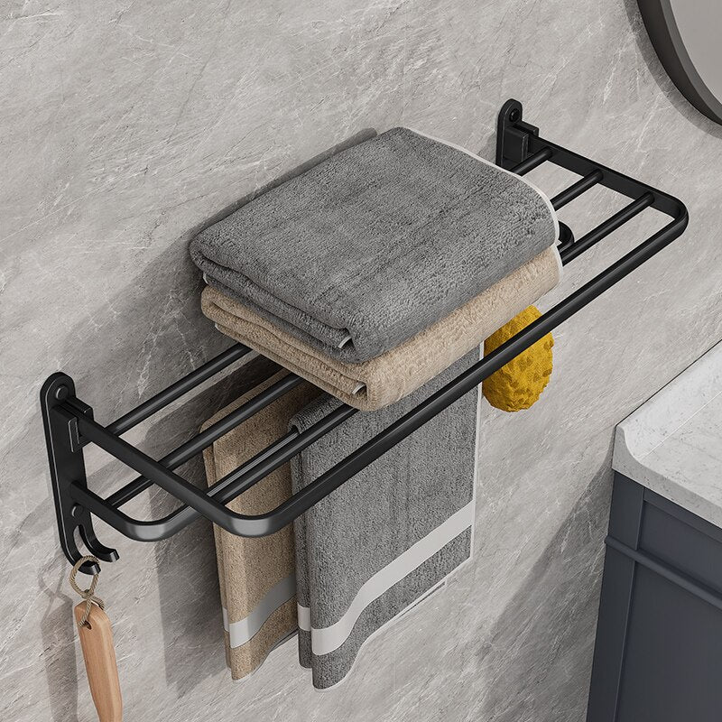 Folding Towel Rack Matte Black Wall-Mount Shelf with Hooks 50cm