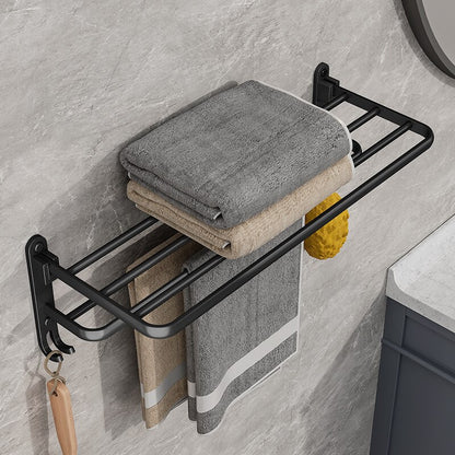 Folding Towel Rack Matte Black Wall-Mount Shelf with Hooks 50cm