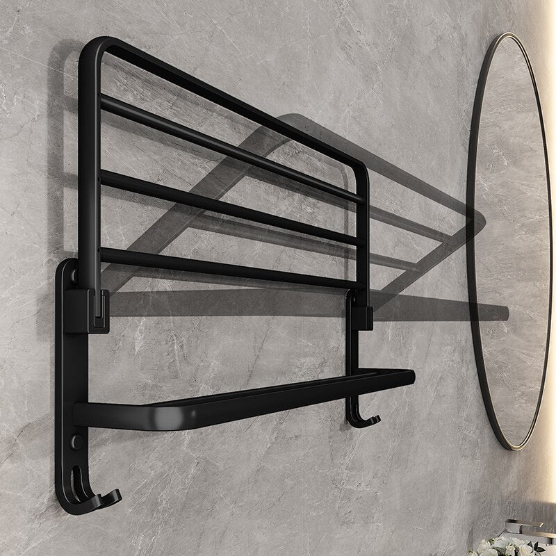 Folding Towel Rack Matte Black Wall-Mount Shelf with Hooks 50cm