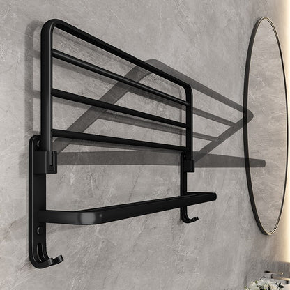 Folding Towel Rack Matte Black Wall-Mount Shelf with Hooks 50cm