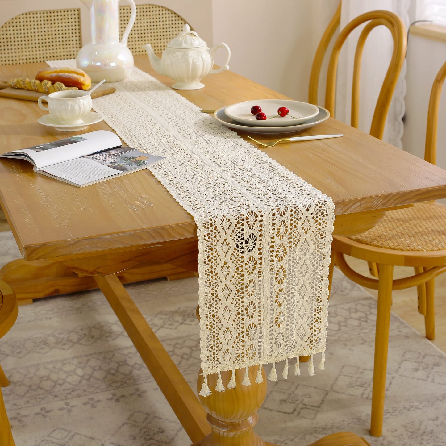 Cotton Lace Table Runner with Tassels, Boho Farmhouse Décor