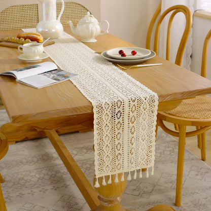 Cotton Lace Table Runner with Tassels, Boho Farmhouse Décor