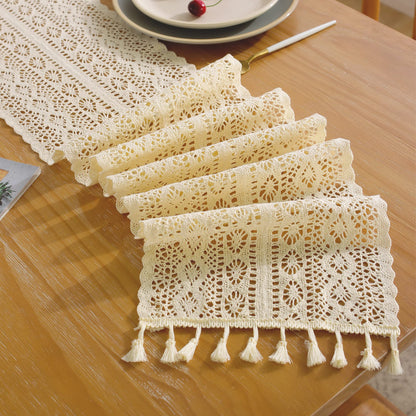 Cotton Lace Table Runner with Tassels, Boho Farmhouse Décor