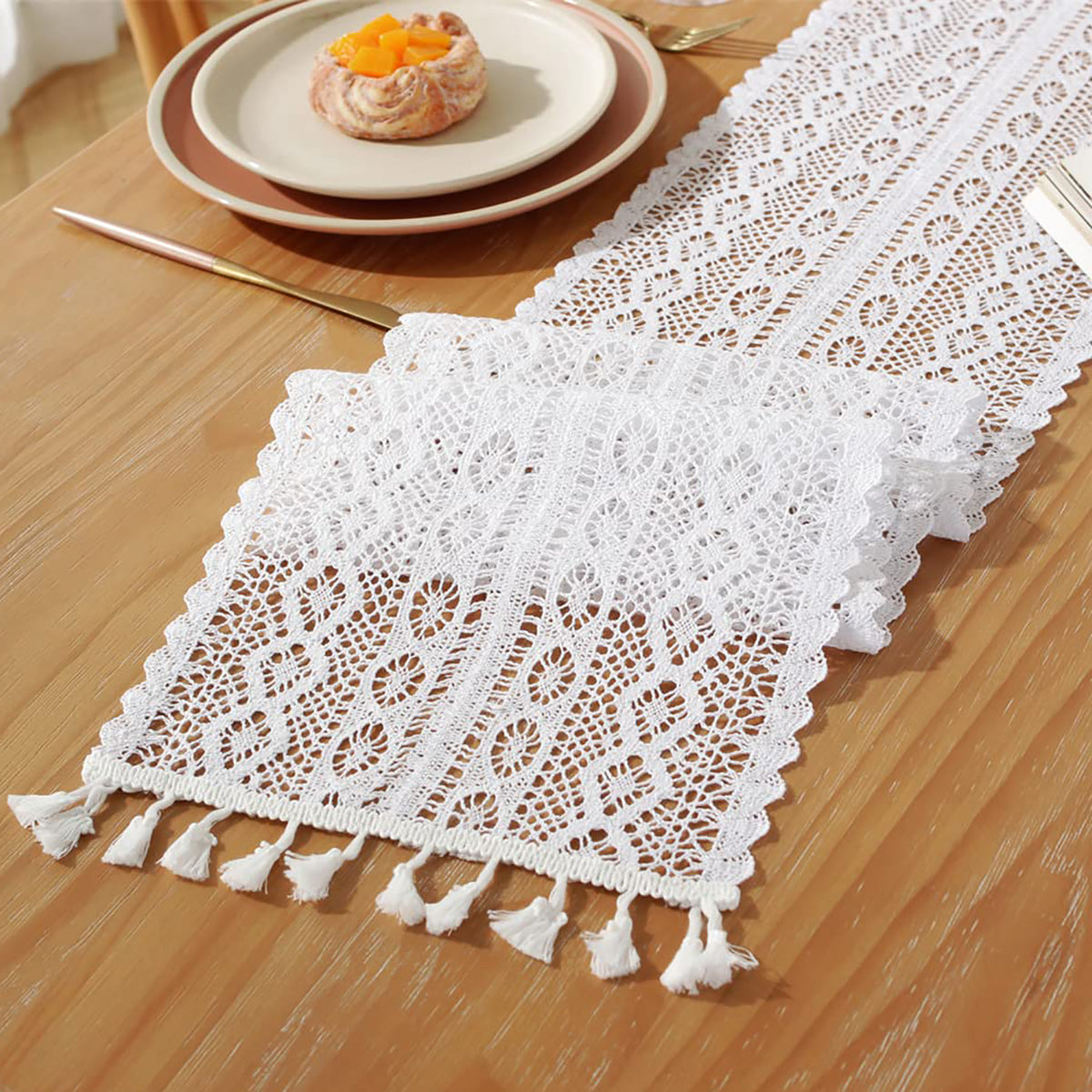 Cotton Lace Table Runner with Tassels, Boho Farmhouse Décor