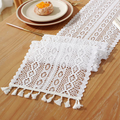 Cotton Lace Table Runner with Tassels, Boho Farmhouse Décor