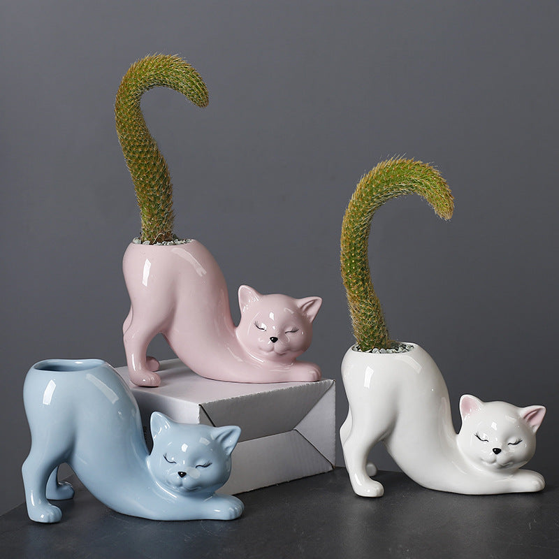 Stretching Cat Ceramic Flower Pot - Cute Succulent Planter Vase