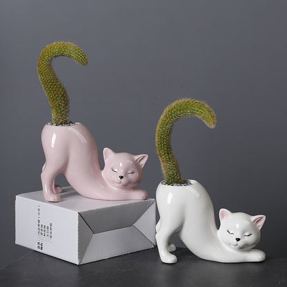 Stretching Cat Ceramic Flower Pot - Cute Succulent Planter Vase