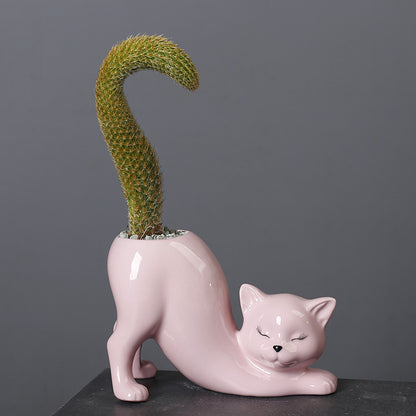 Stretching Cat Ceramic Flower Pot - Cute Succulent Planter Vase