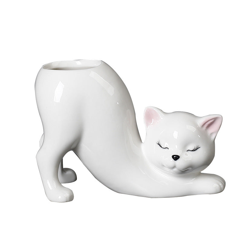 Stretching Cat Ceramic Flower Pot - Cute Succulent Planter Vase