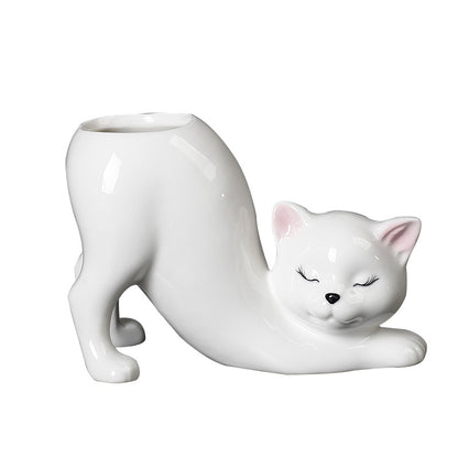 Stretching Cat Ceramic Flower Pot - Cute Succulent Planter Vase
