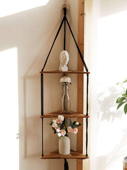 Macrame Corner Shelf — Hanging Wood Plant & Pot Display Stand