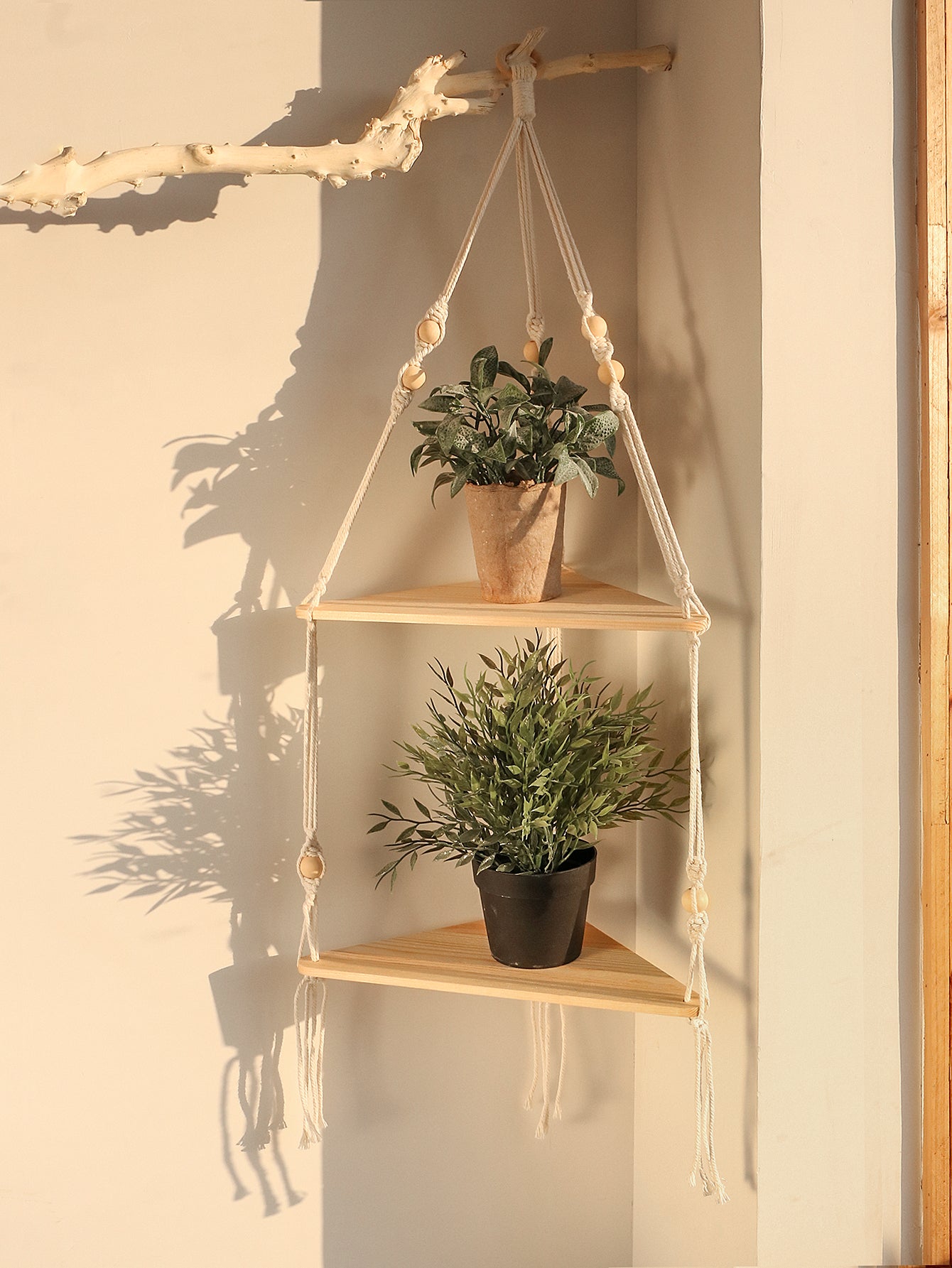 Macrame Corner Shelf — Hanging Wood Plant & Pot Display Stand