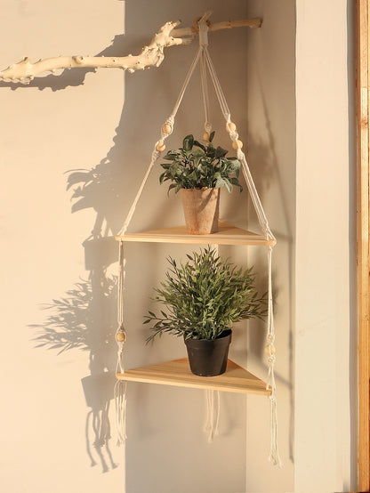 Macrame Corner Shelf — Hanging Wood Plant & Pot Display Stand