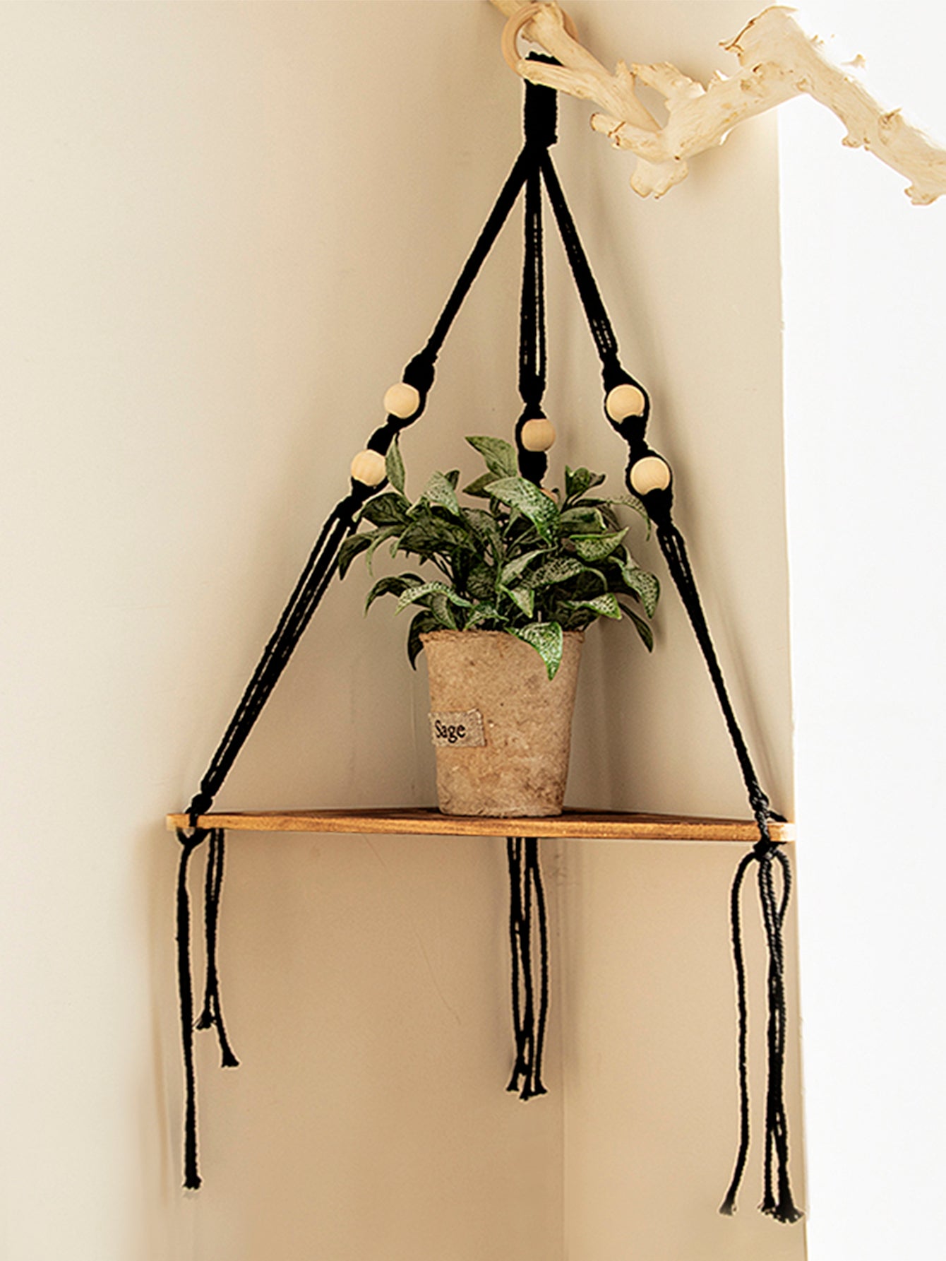 Macrame Corner Shelf — Hanging Wood Plant & Pot Display Stand