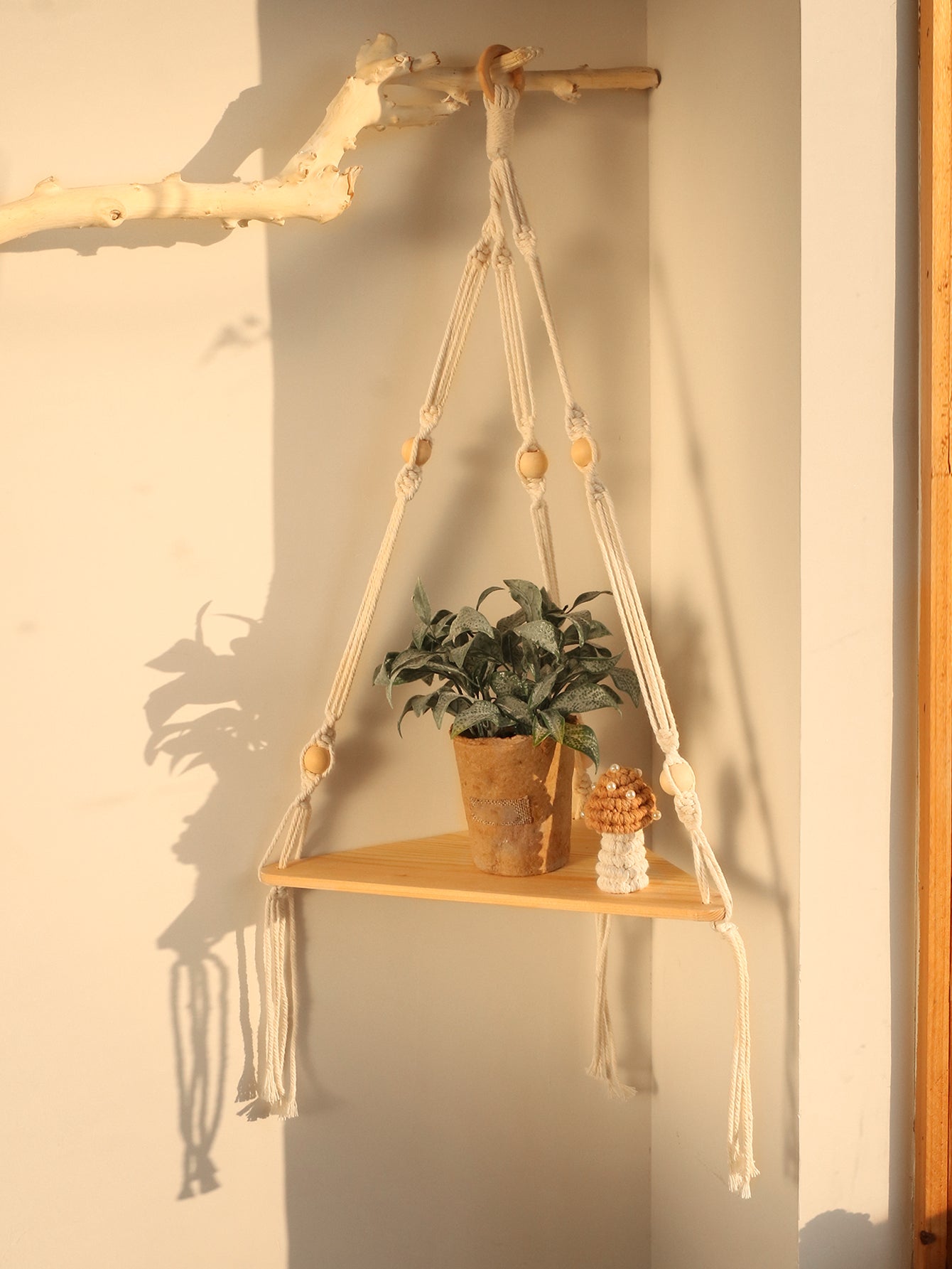 Macrame Corner Shelf — Hanging Wood Plant & Pot Display Stand