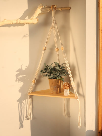 Macrame Corner Shelf — Hanging Wood Plant & Pot Display Stand