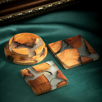 Wood & Resin Coasters - Heat-Resistant Drink Mats with Holder