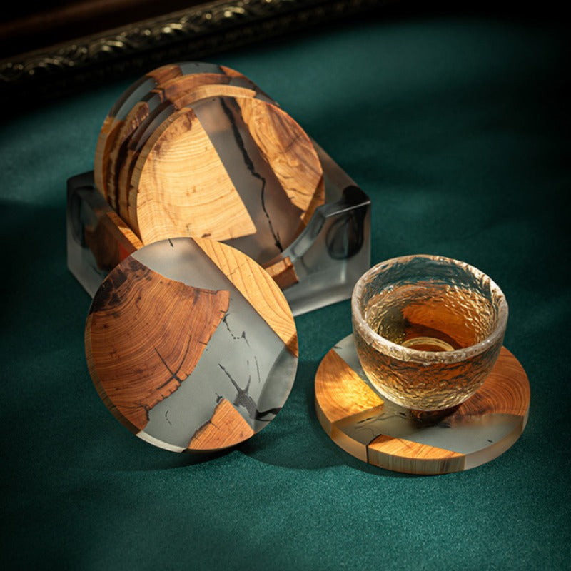 Wood & Resin Coasters - Heat-Resistant Drink Mats with Holder