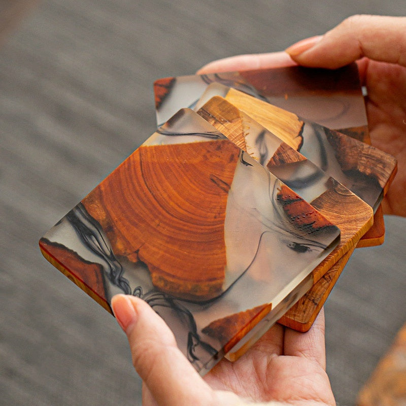 Wood & Resin Coasters - Heat-Resistant Drink Mats with Holder