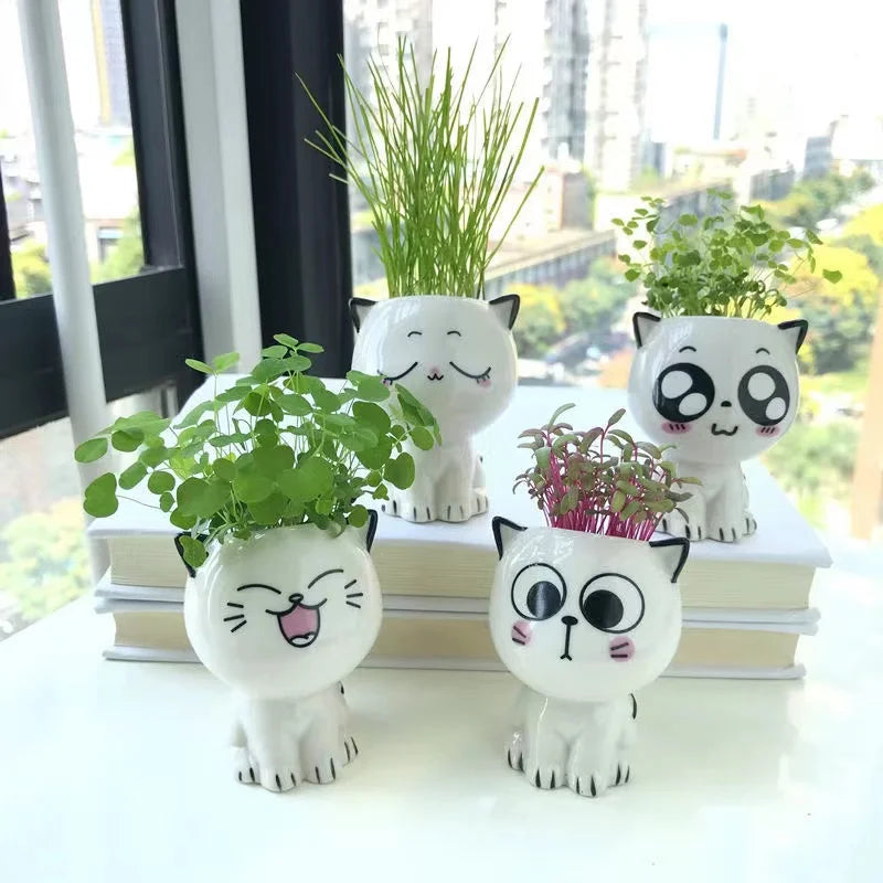 Cute Cat Ceramic Planter - Mini Cartoon Succulent Desk Flower Pot