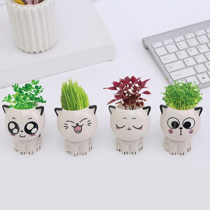 Cute Cat Ceramic Planter - Mini Cartoon Succulent Desk Flower Pot