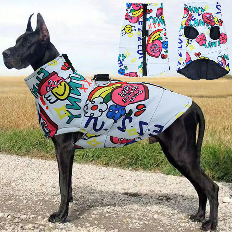 Waterproof Dog Coat - Warm Padded Winter Jacket with Graffiti Print