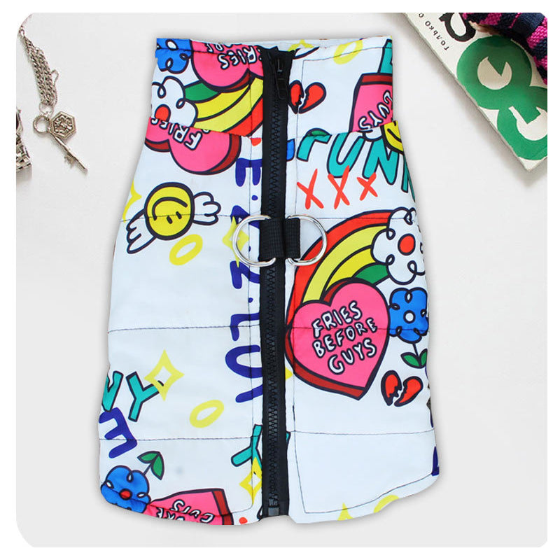 Waterproof Dog Coat - Warm Padded Winter Jacket with Graffiti Print