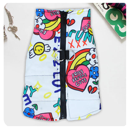 Waterproof Dog Coat - Warm Padded Winter Jacket with Graffiti Print