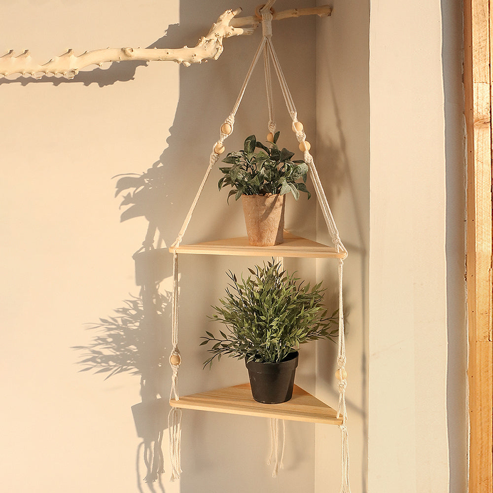Macrame Triangle Corner Shelf — Hanging Wood Plant Display Stand