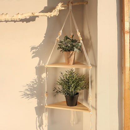 Macrame Triangle Corner Shelf — Hanging Wood Plant Display Stand