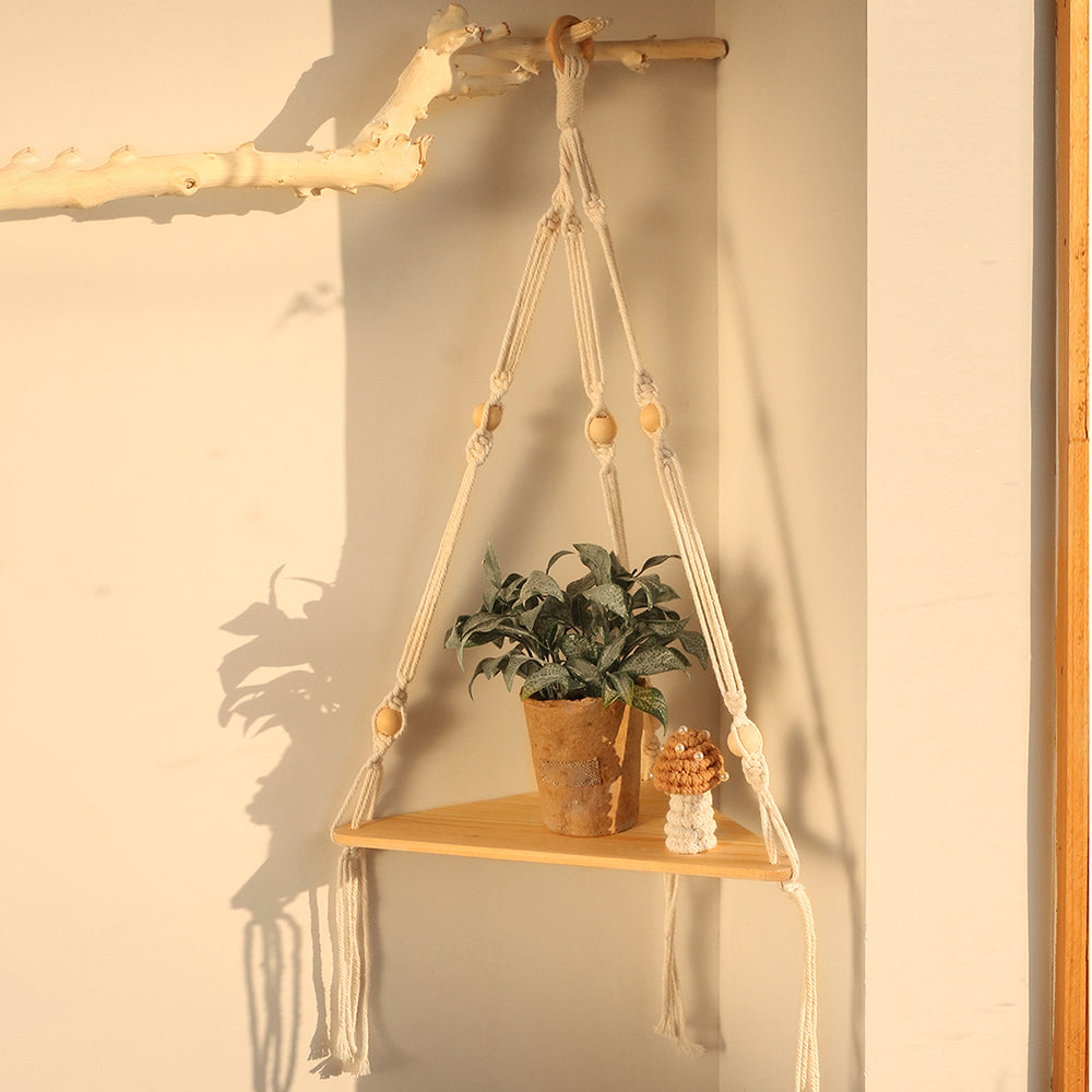 Macrame Triangle Corner Shelf — Hanging Wood Plant Display Stand