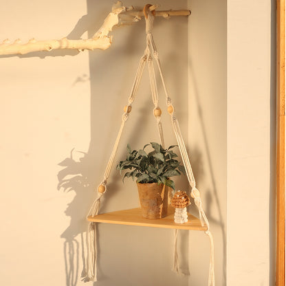 Macrame Triangle Corner Shelf — Hanging Wood Plant Display Stand
