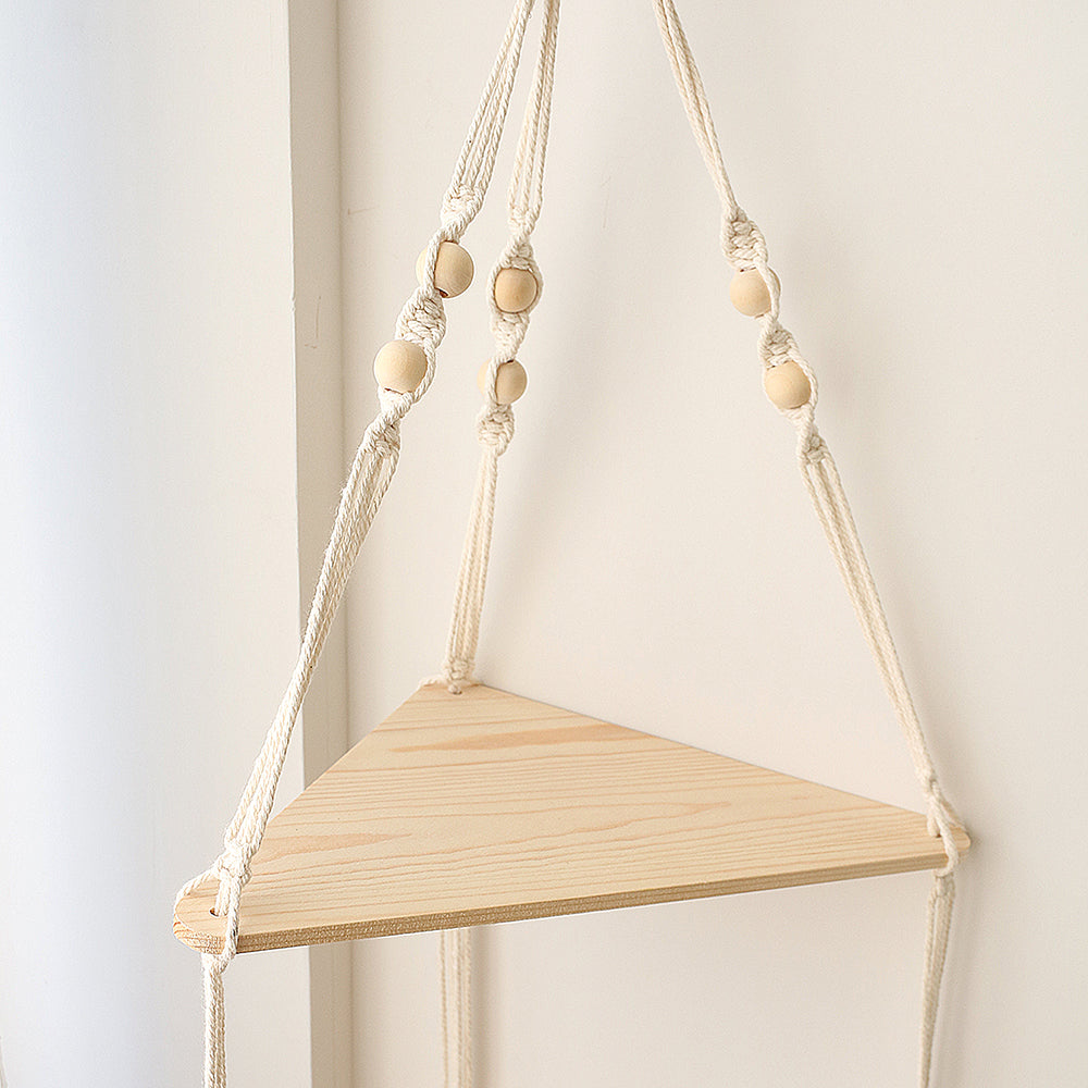 Macrame Triangle Corner Shelf — Hanging Wood Plant Display Stand